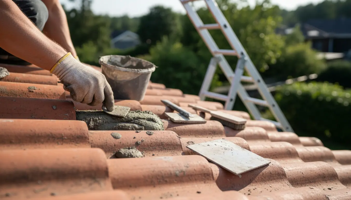 Nærbillede af understrygning på tegltag med hands-on påføring af mørtel og værktøj på tagfladen.