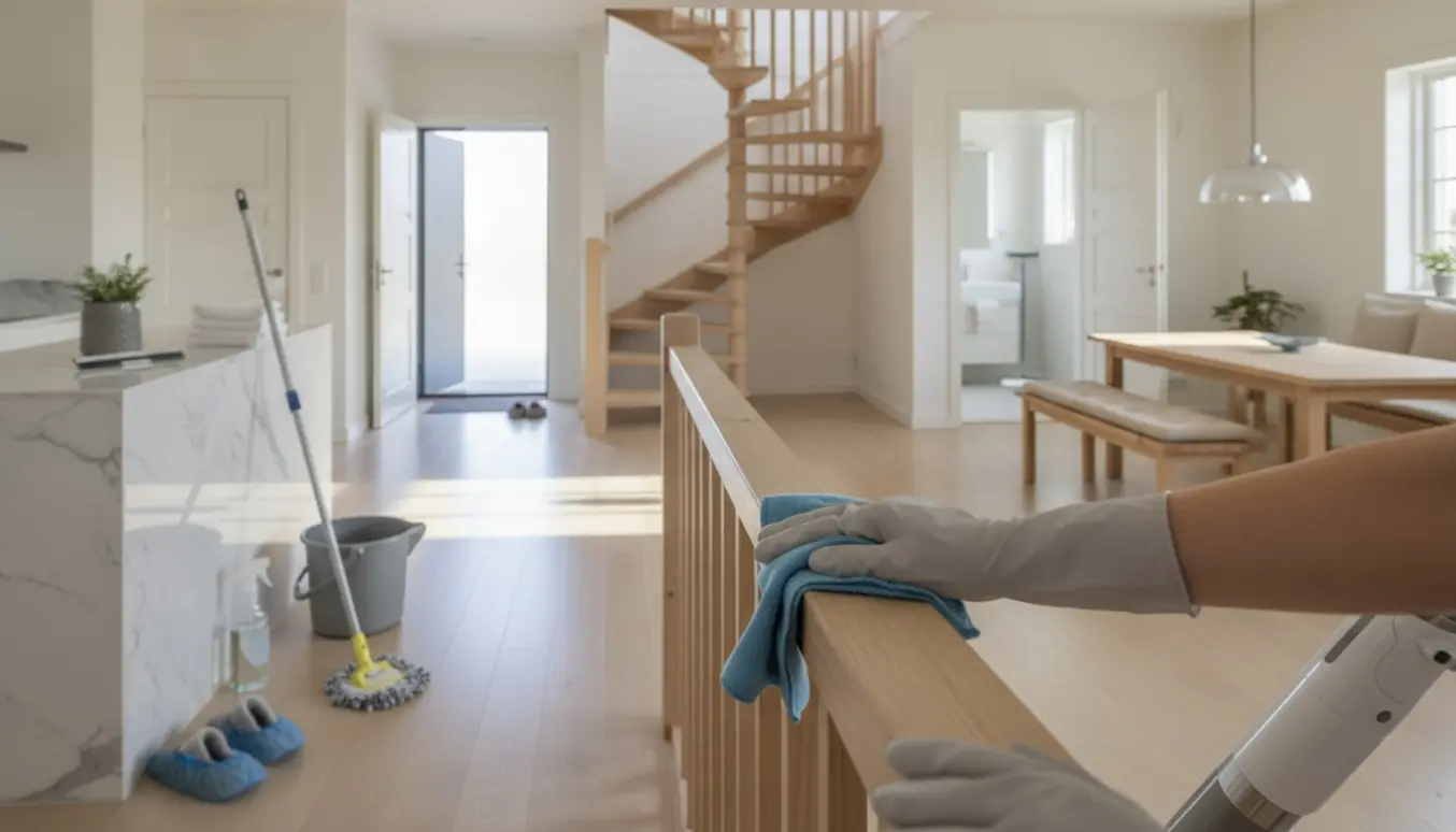 Indendørs rengøring i lyst dansk hjem med rengøringsudstyr ved entré og synlig trappe.