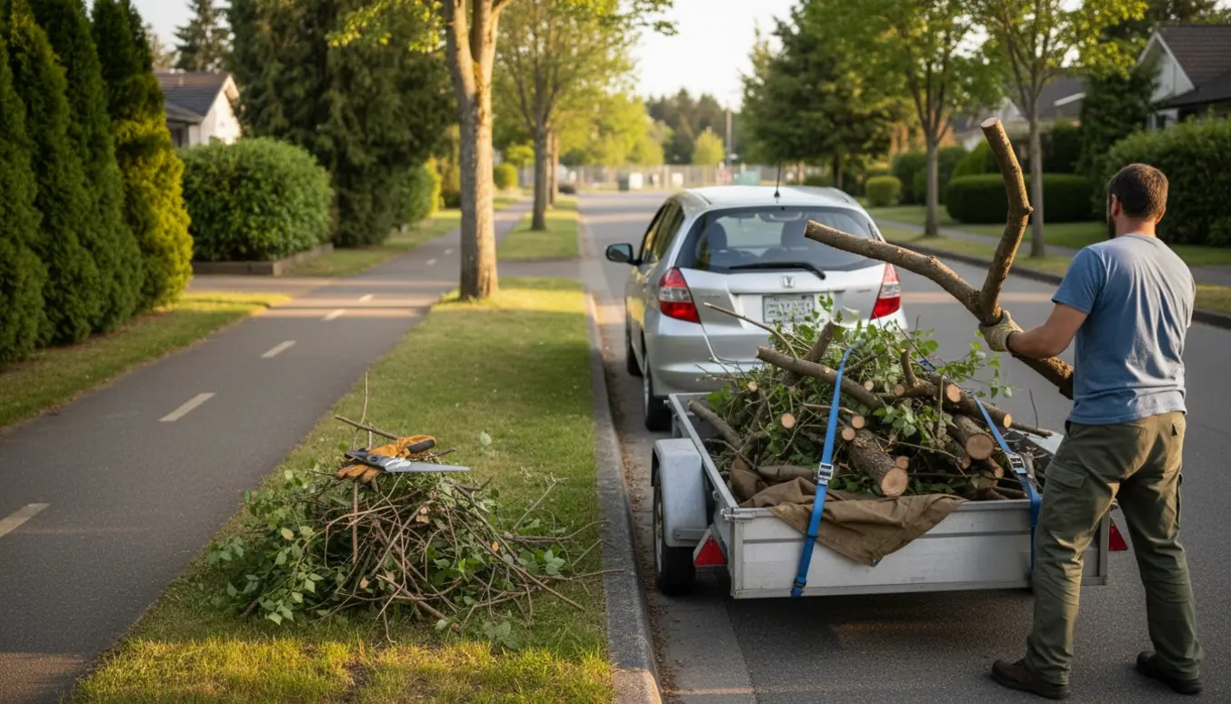 Bil med trailer fyldt med store grene fra en fældet syren ved fortovet, klar til kørsel til genbrugsstation.