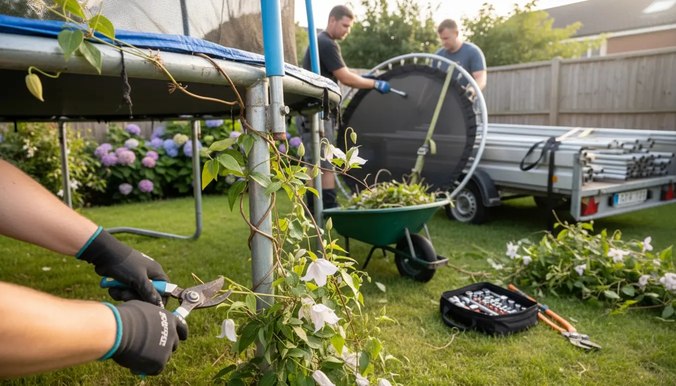 Håndværkere nedtager en trampolin i en have og skærer klematis væk, mens dele læsses til bortkørsel.