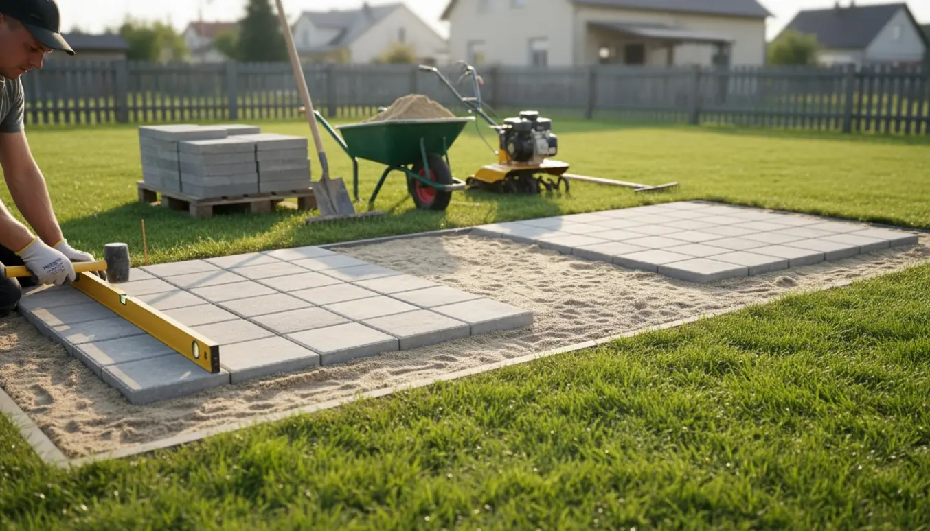 Nærbillede af planering og lægning af kvadratiske fliser på to græsarealer med sand, trillebør og havefræser i baggrunden.