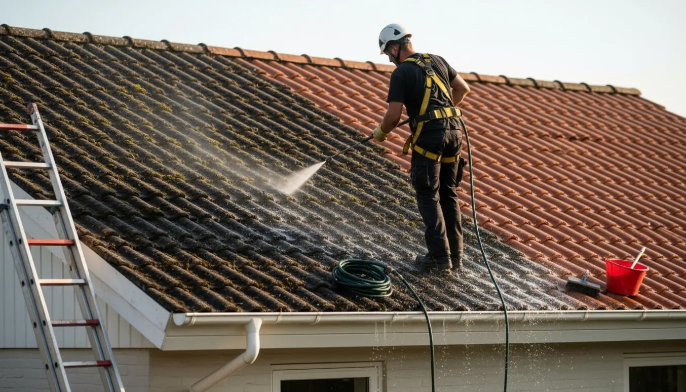 Rensning af et etplans hus' betontagsten med højtryksrenser og synlig forskel mellem rene og beskidte tagsten.