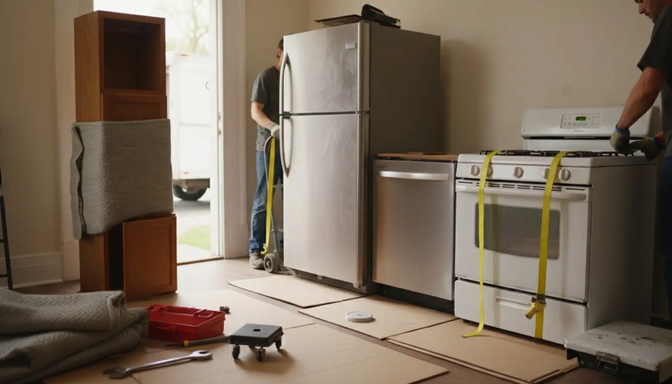 Gamle hårde hvidevarer og nedtagne køkkenelementer pakket og klar til bortskaffelse ved husets indgang.