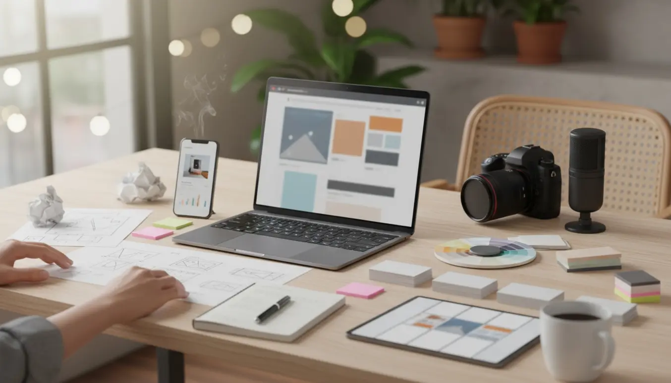 Hænder ved en moderne arbejdsstation med laptop, skitser og farveprøver til en professionel hjemmeside og markedsføring.