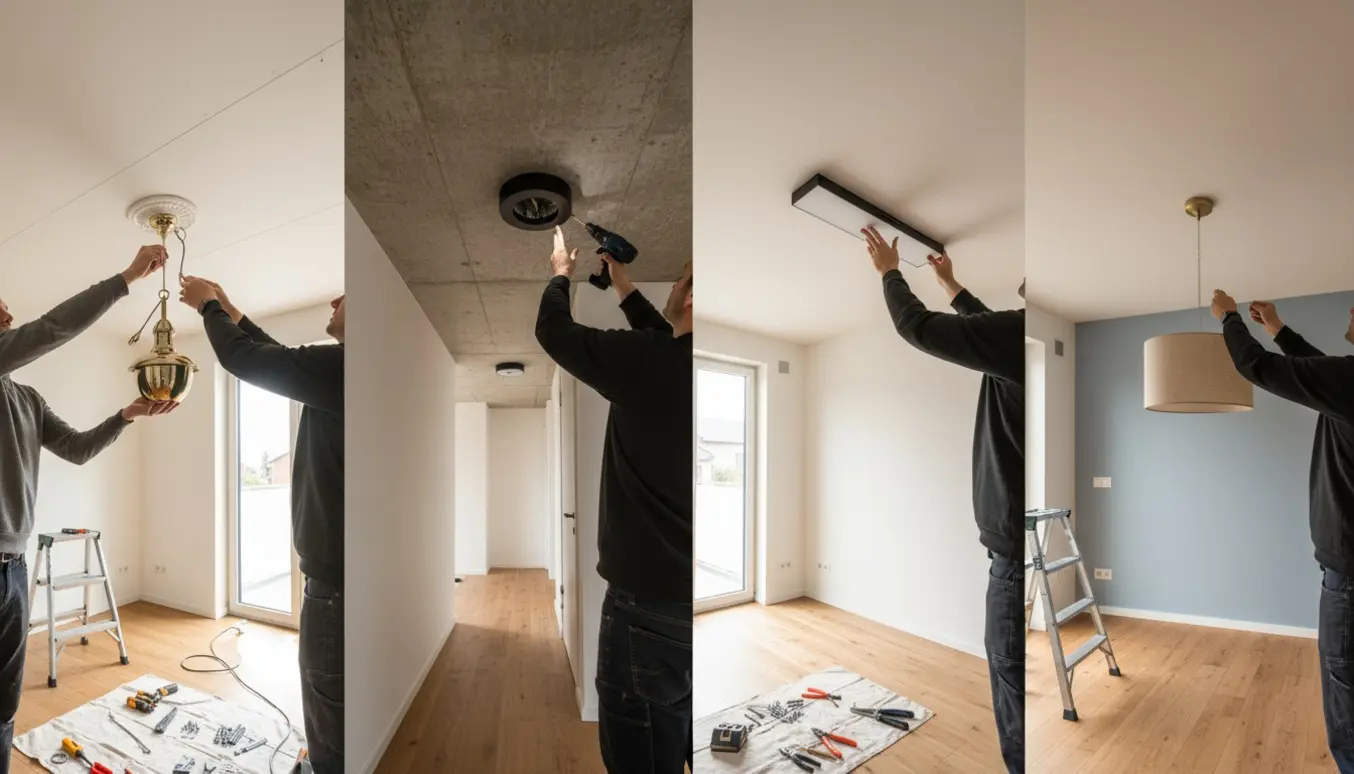 Installatørs hænder monterer to pendler og to loftslamper i fire rum med både gips- og betonlofter.
