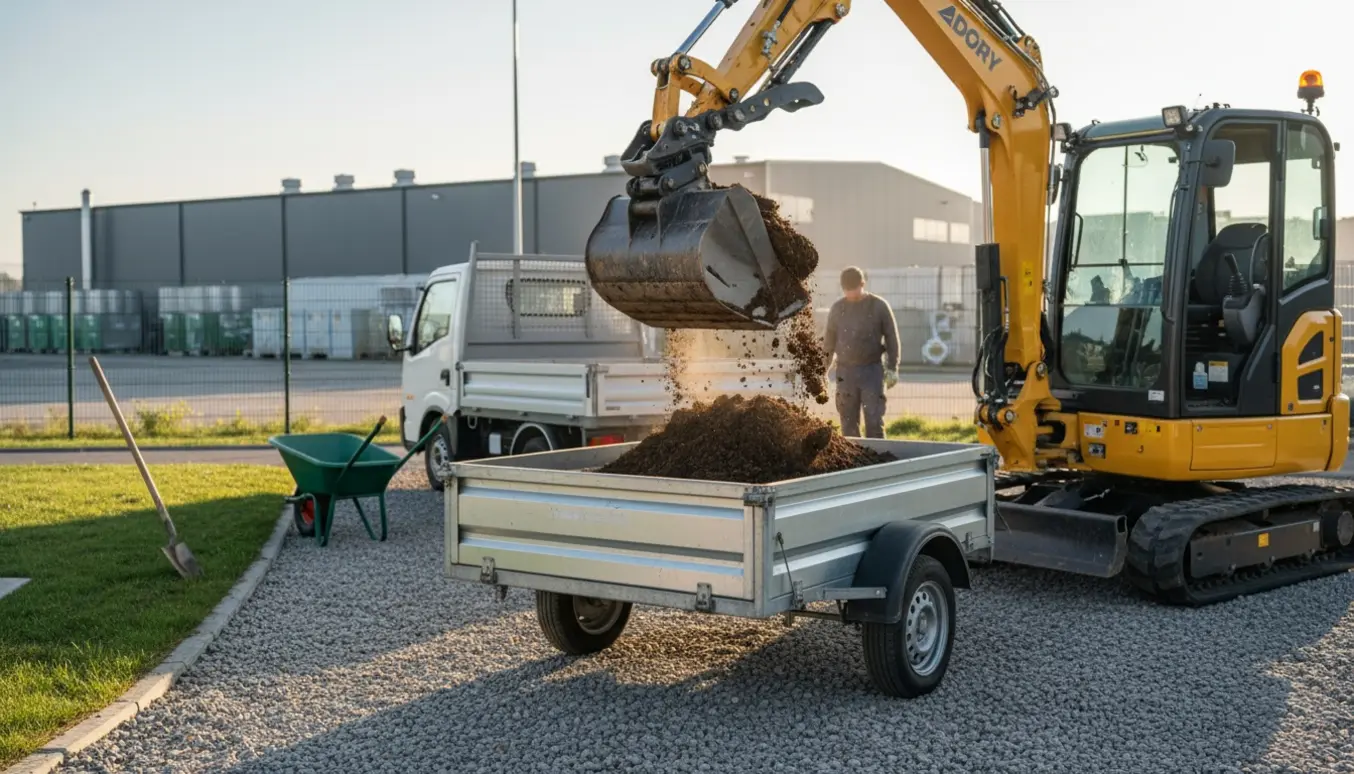 Mini gravemaskine læsser jord i en trailer ved en indkørsel klar til transport til genbrugsstation.