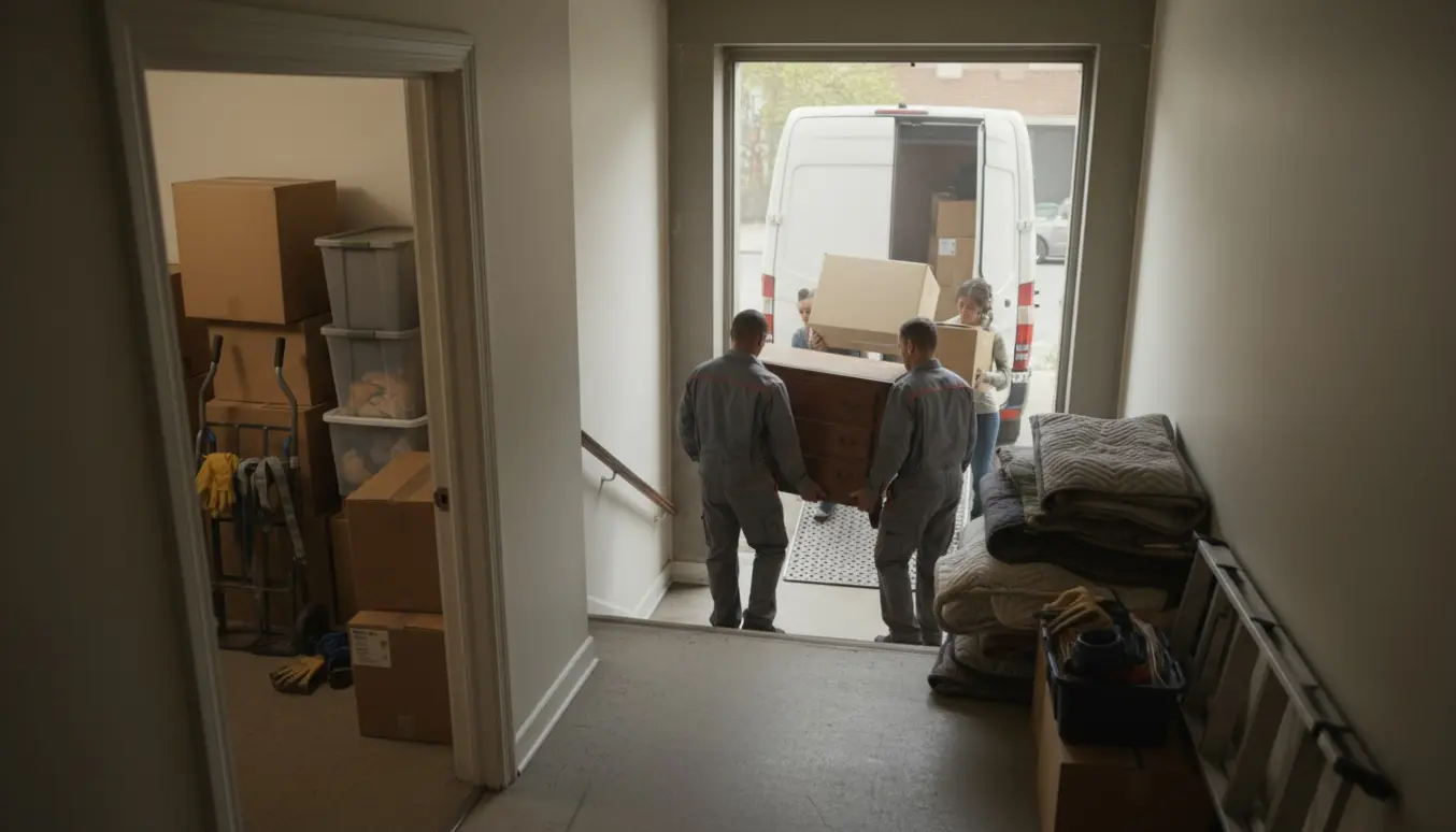 To flyttemænd og to hjælpere bærer møbler op ad en trappe med en stor varevogn parkeret lige udenfor.