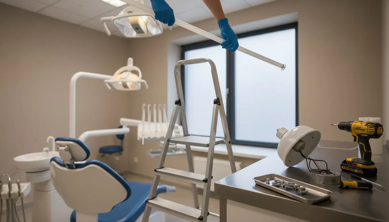 Tekniker på lille stige skifter lysstofrør og reparerer en faldet lampe i en tandlægeklinik.
