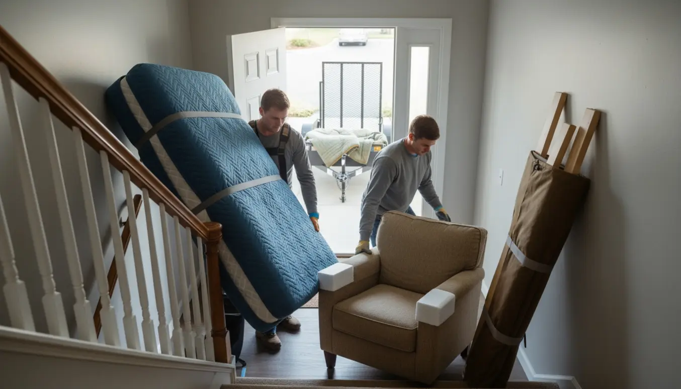 To personer bærer en lænestol og en adskilt dobbeltseng ned ad en lys, rummelig opgang mod en trailer ved hoveddøren.