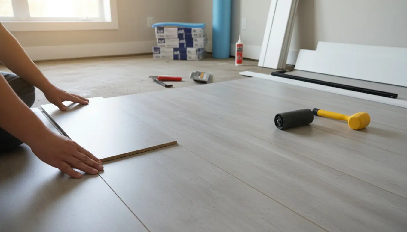 Nærbillede af installation af betonlook vinylgulv i et gæsteværelse med værktøj og løse fodlister.