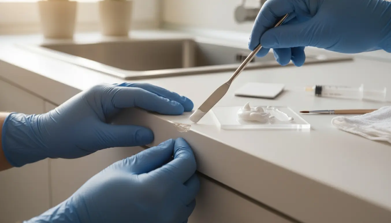 Nærbillede af reparation af lille flig i hvid kompaktlaminat bordplade, hånd påfører fyldstof med en spartel.