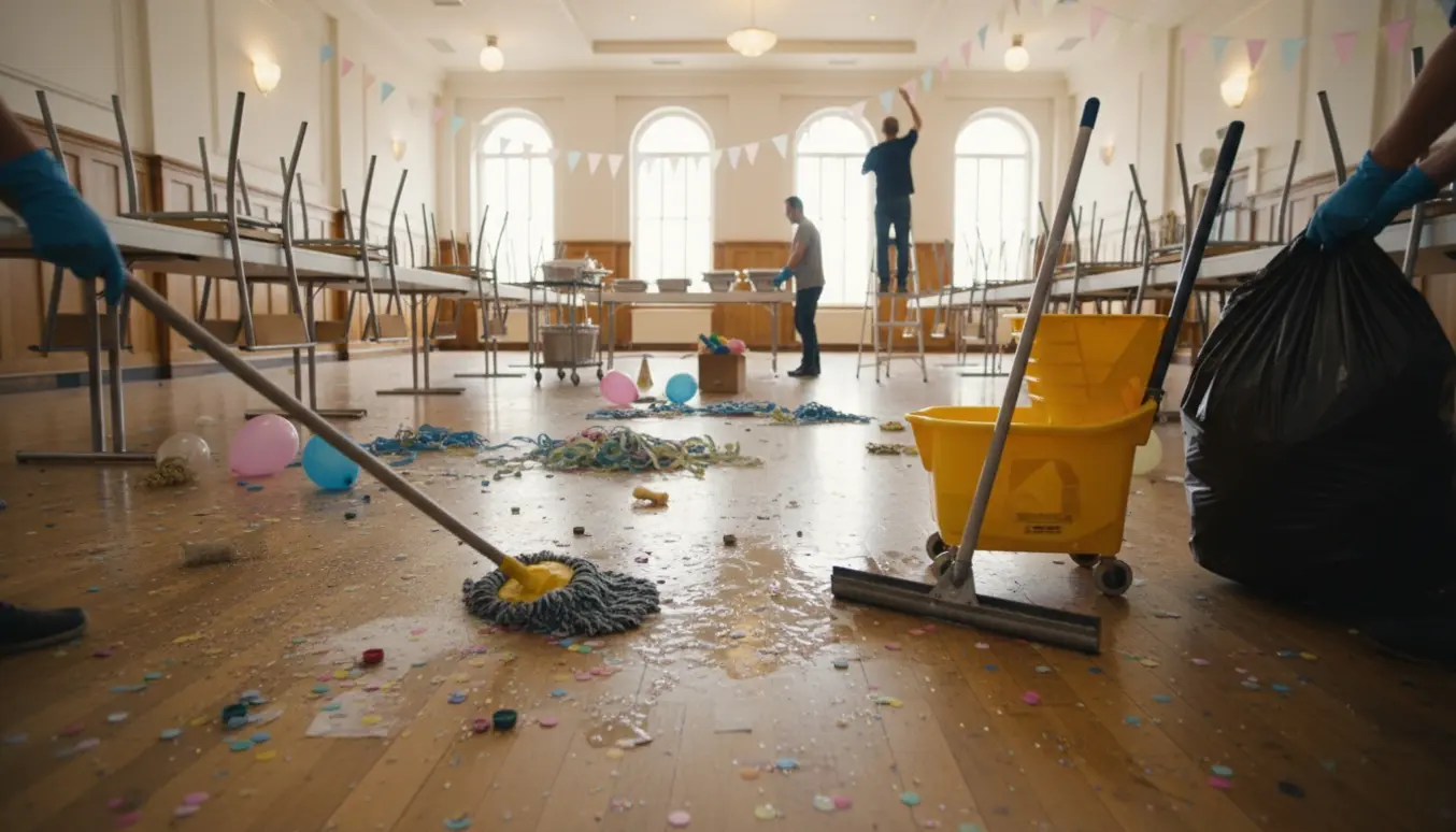 Handsker og moppe rengør et festlokale med konfetti, oppustede balloner og fyldte affaldsposer efter en stor fødselsdagsfest.