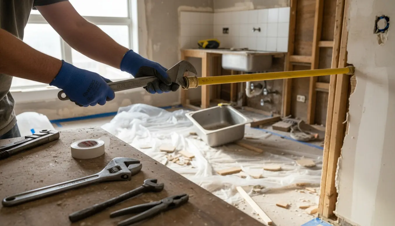 Handskerede hænder spænder en messingprop på en gul gasledning i et delvist nedrevet køkken.