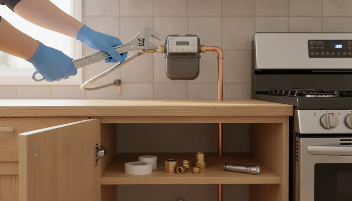 Hænder monterer en gasmåler på køkkenvæggen med skruenøgle og fittings.