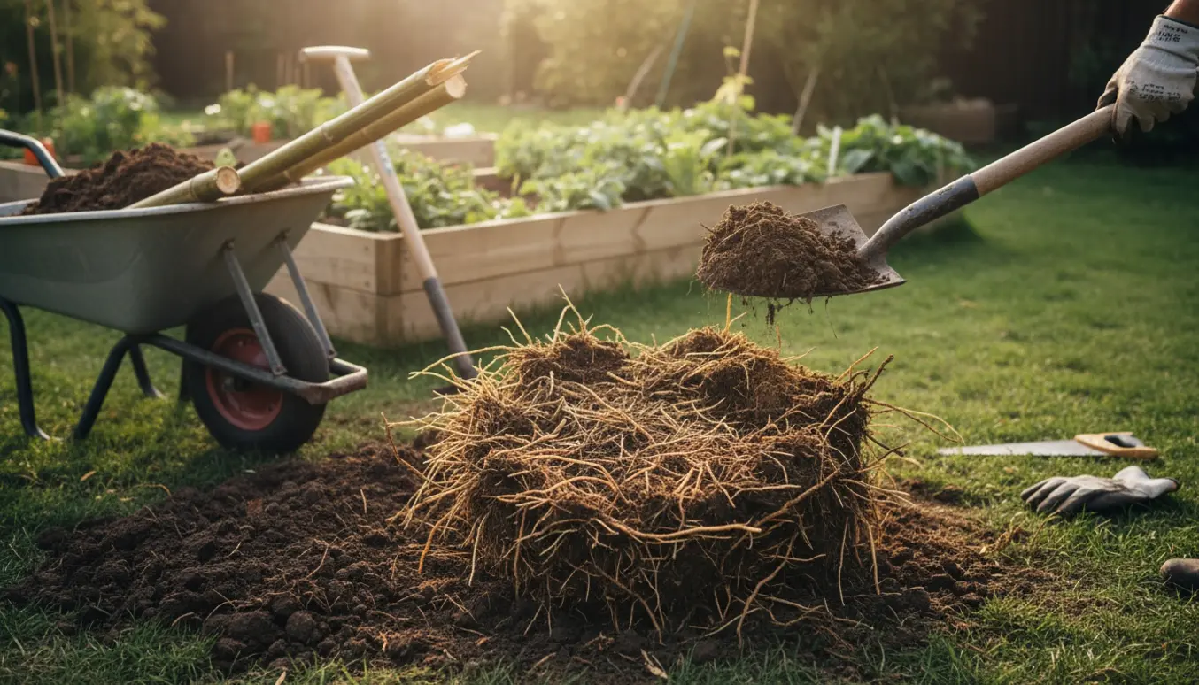 Gravning af en stor bambusrod i haven med skovl og trillebør i naturligt morgenlys.