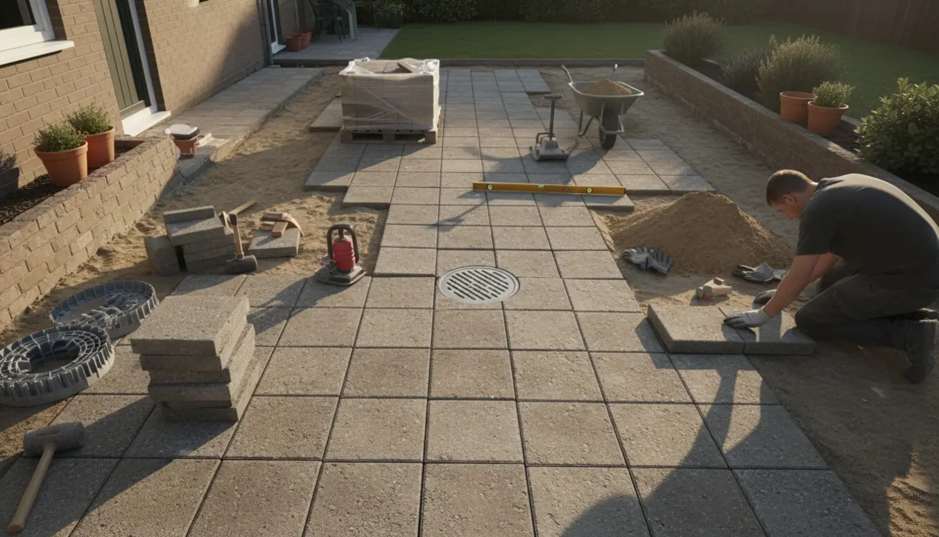 Gård med firkantede 1980'er-fliser, hvor nogle er løftet og værktøj ligger klar ved et afløb.