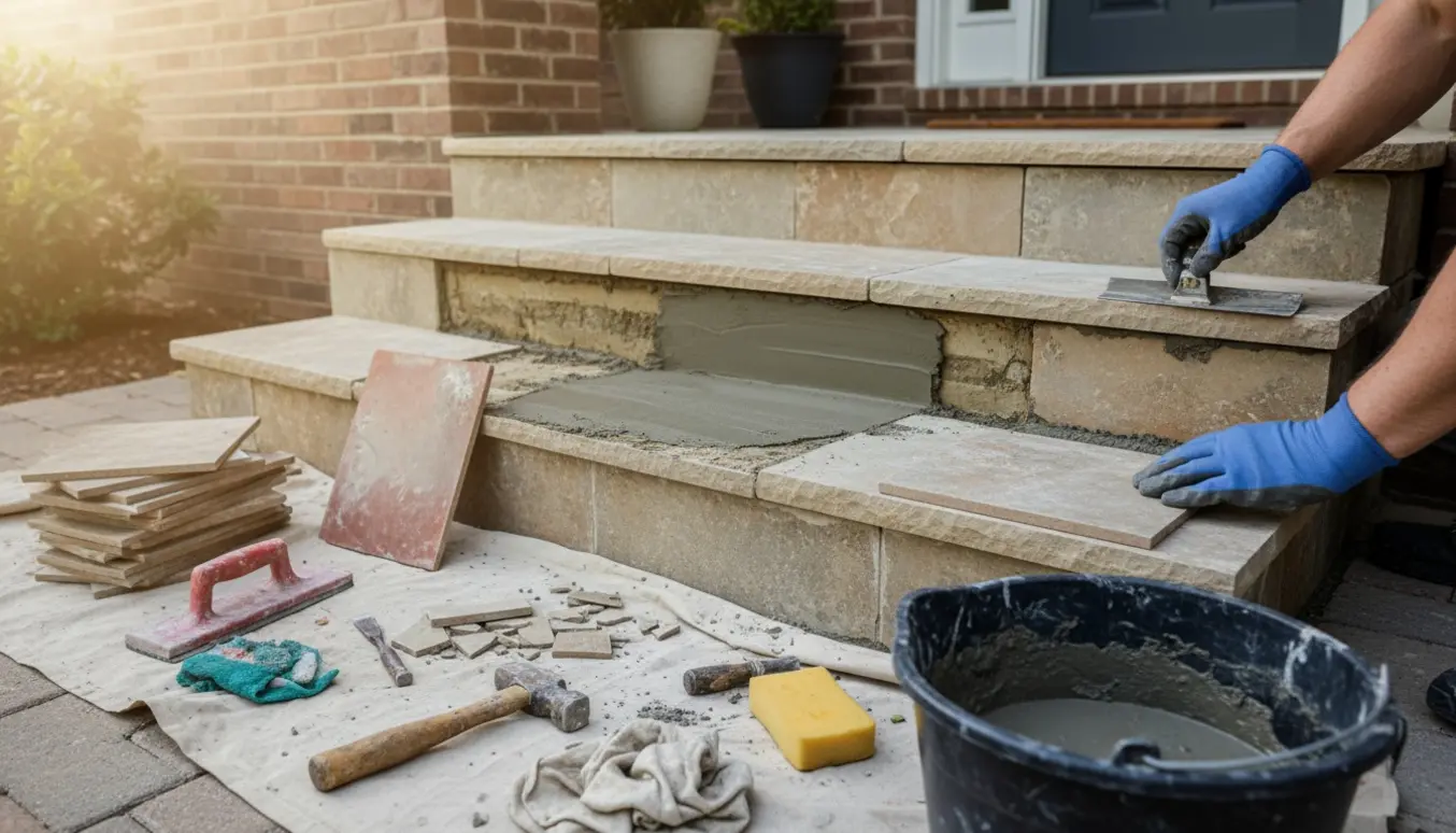 Muret fortrappe under reparation med nye fliser, mørtel og værktøj.