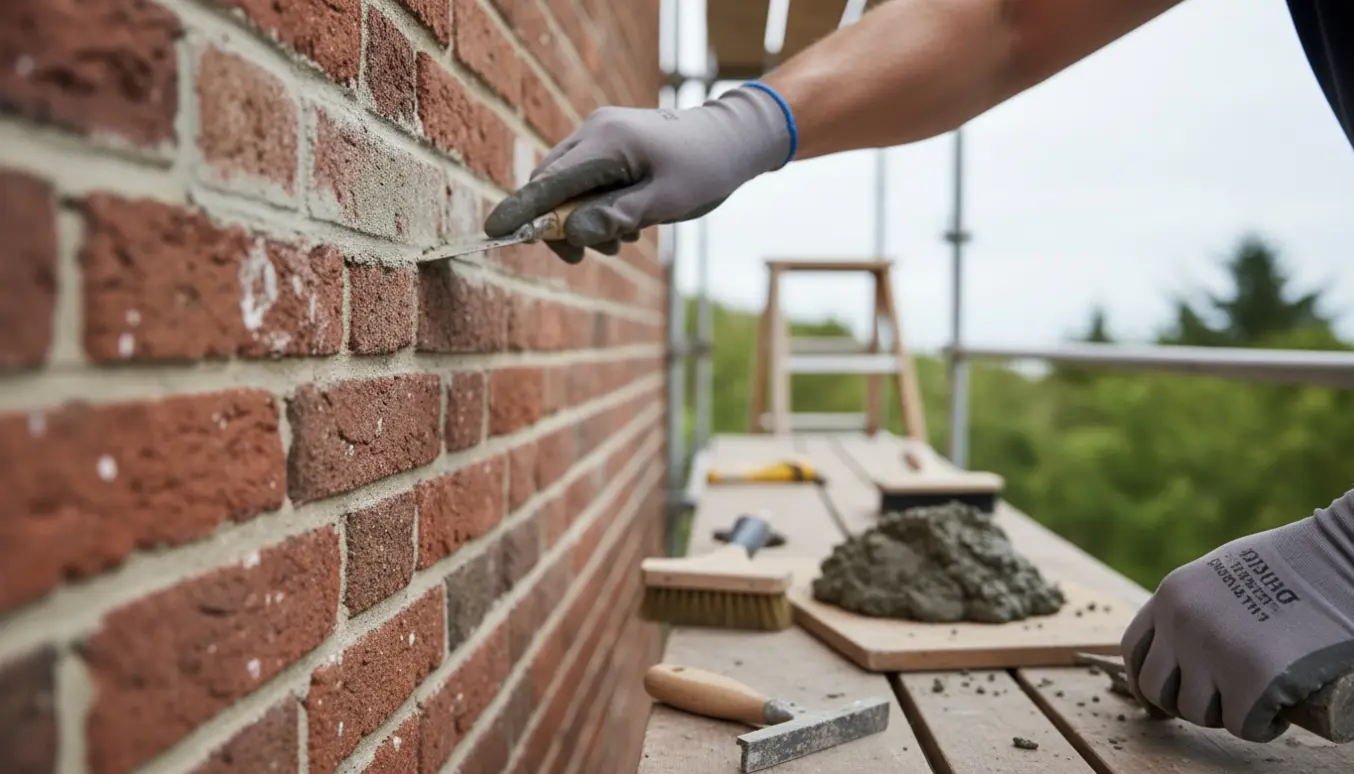 Håndværker fugearbejde på rødstens murermestervilla med frisk mørtel, værktøj og stillads i baggrunden.