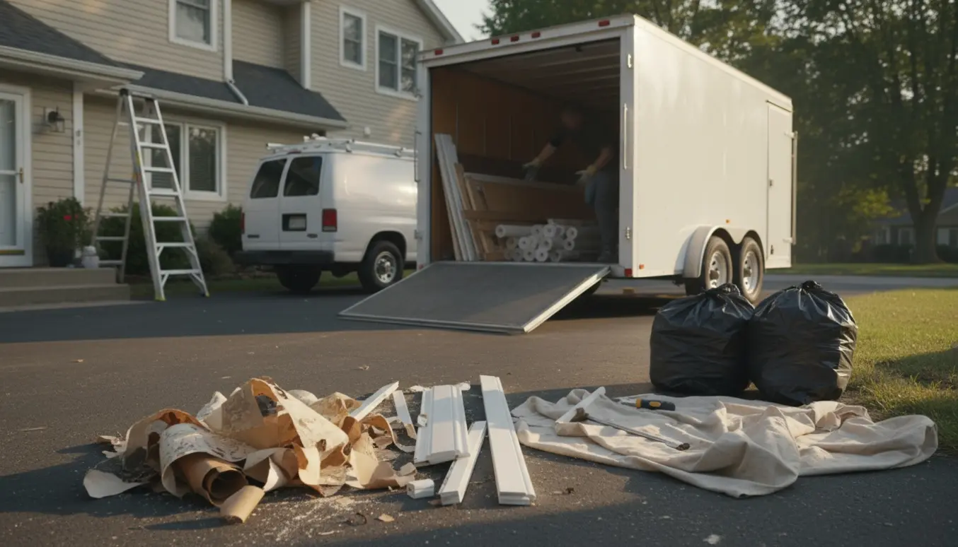Renoveringsaffald som tapet og lister læsses i en lukket trailer på indkørslen.