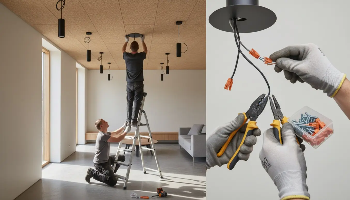 Montage af pendellamper i et Troldtekt-loft i et lyst rækkehus, hænder på en stige med værktøj.