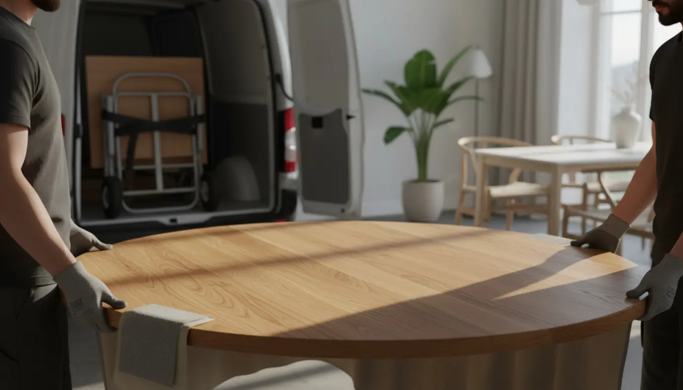 Rund træbordplade på cirka 120 cm bæres ud af en varevogn ind i et lyst skandinavisk hjem.