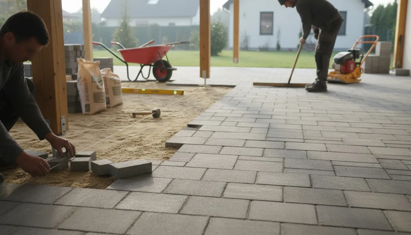Carport under fliselægning med værktøj, stabler af fliser og hænder, der afslutter arbejdet ved en stolpe.