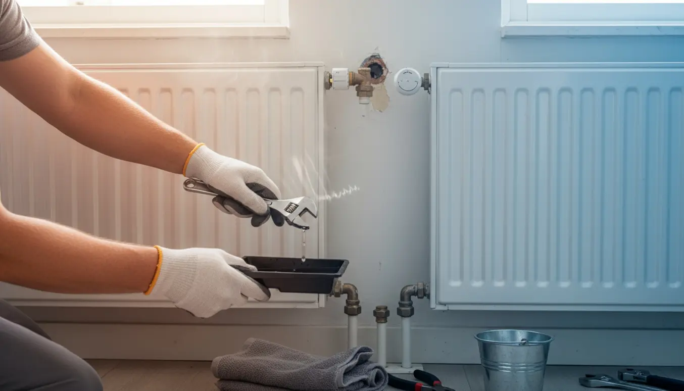 Nærbillede af hænder, der justerer radiatorventiler og tømmelåg med værktøj og spand i en lys lejlighed.