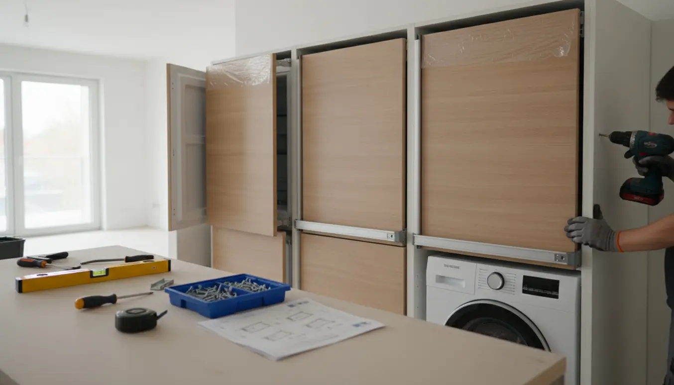 Hænder monterer køkkenlåger på køleskab, fryser og opvaskemaskine med glideskinner i et lyst, moderne køkken.