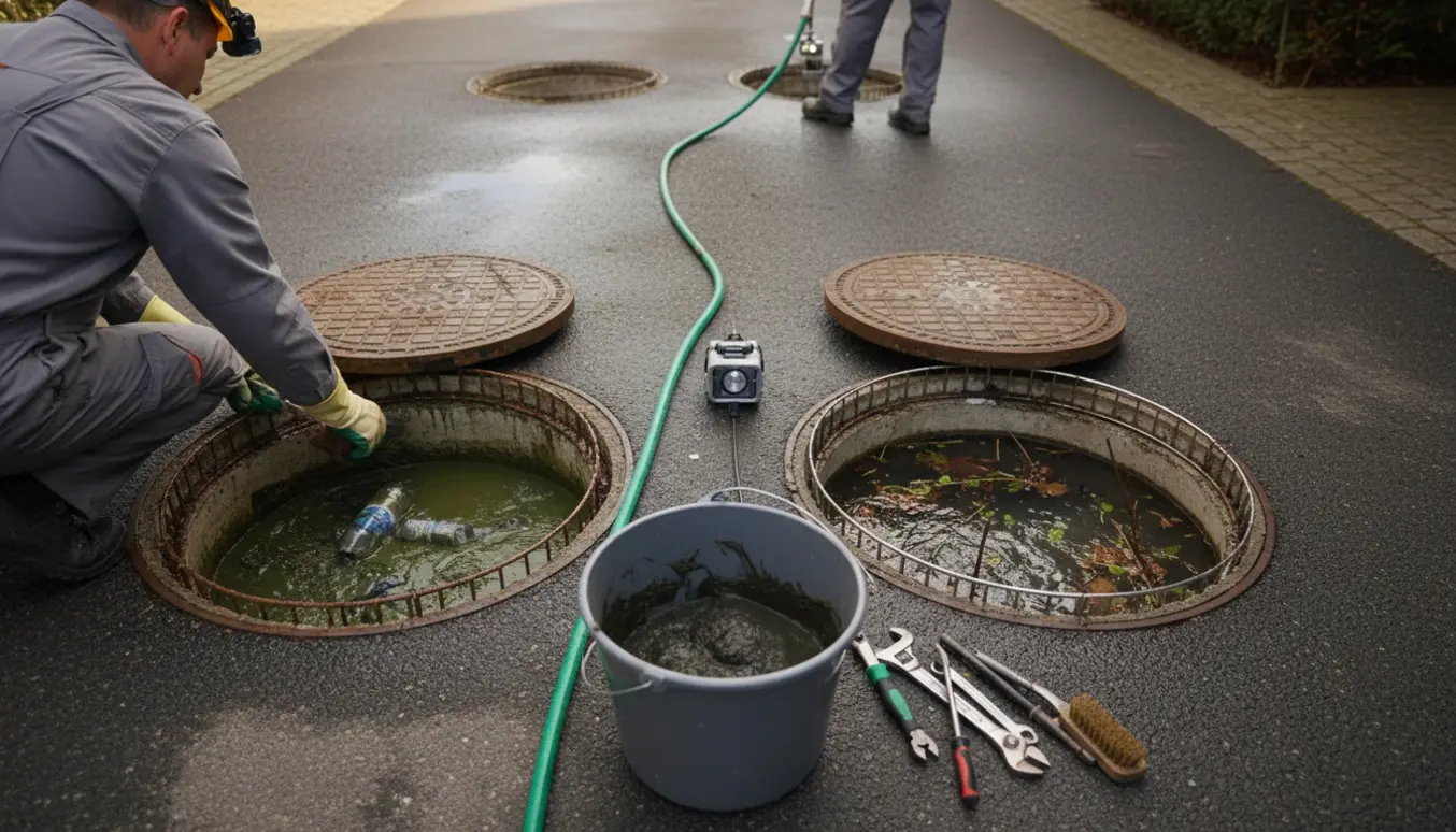 Tekniker renser og inspicerer to åbne brønde i en indkørsel med rottespærrer og værktøj.