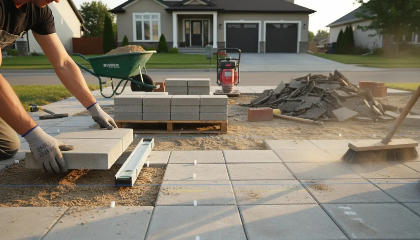 Indkørsel på ca. 40 m² under omlægning med nye betonfliser, værktøj og bunke af gamle fliser, uden synlige ansigter.