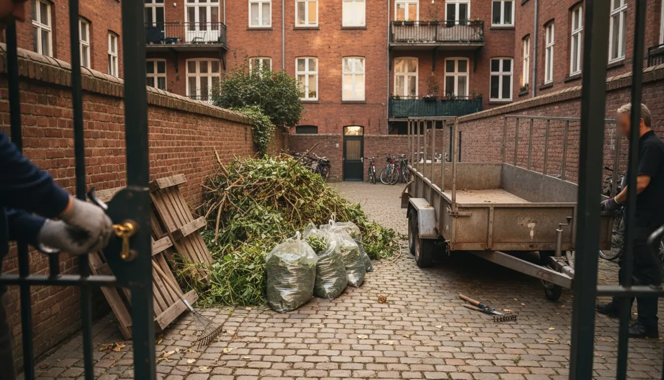 Gårdhave med stor bunke grene, klare plastsække, to paller og en trailer, mens hænder låser op.