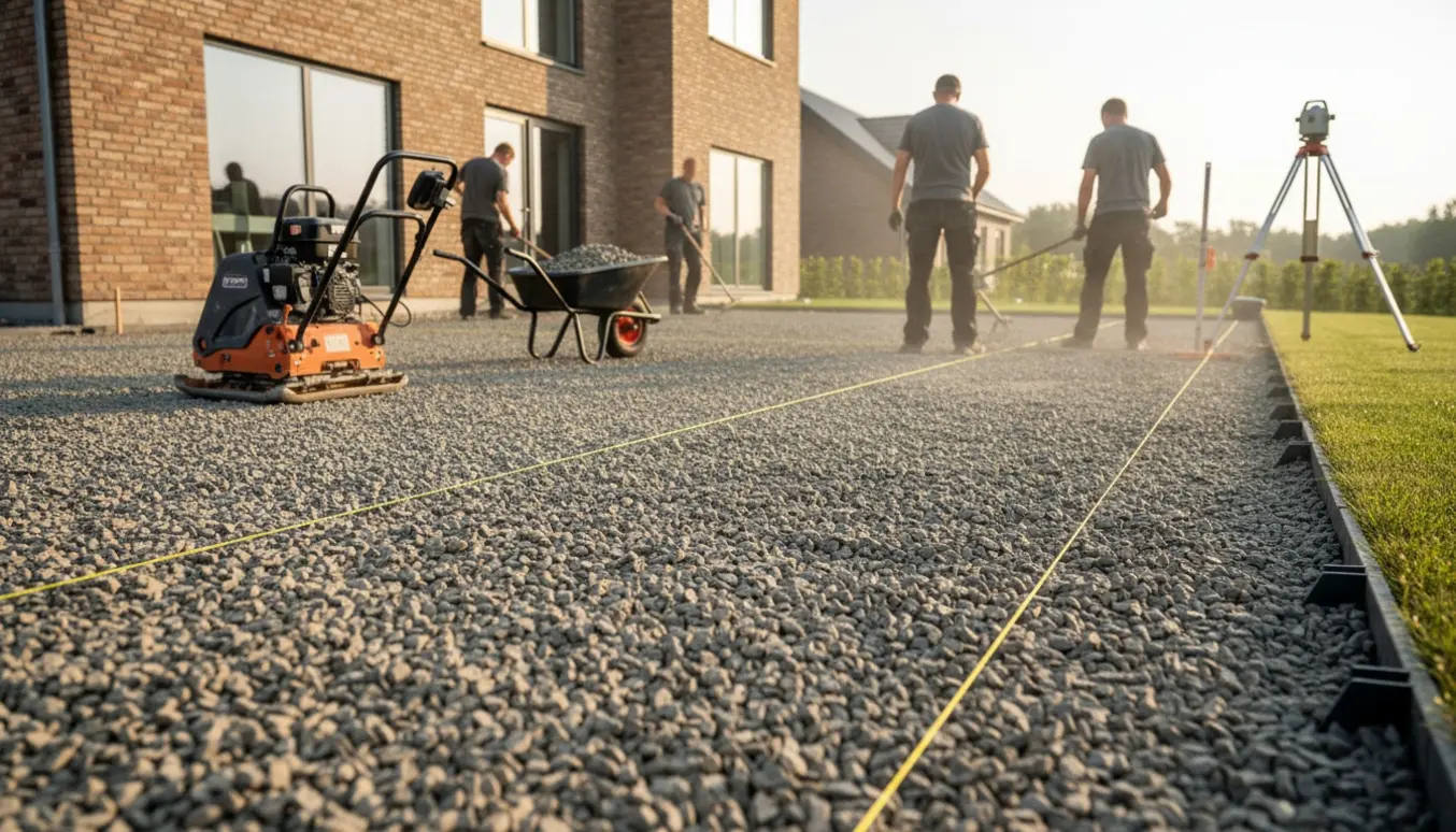 Delvist klargjort indkørsel med stabilgrus, pladevibrator og snore foran et hus, uden tydelige ansigter.