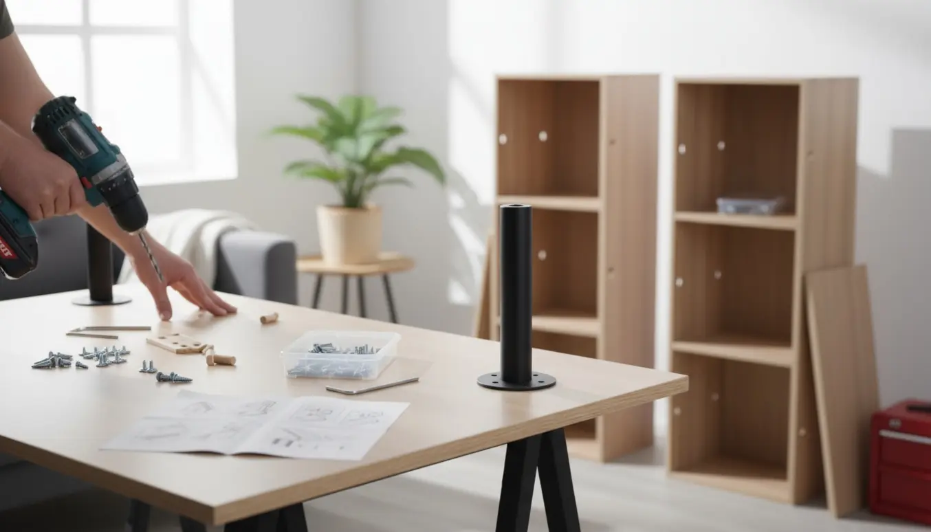 Hænder skruer fire bordben fast under en bordplade med to delvist samlede reoler i baggrunden.