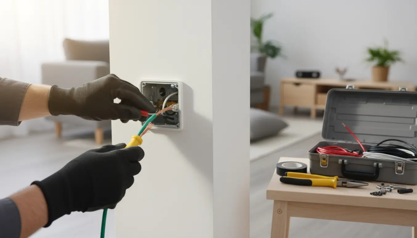 Elektrikers hænder forbinder en grøn-gul jordleder til en åben indendørs stikkontakt.