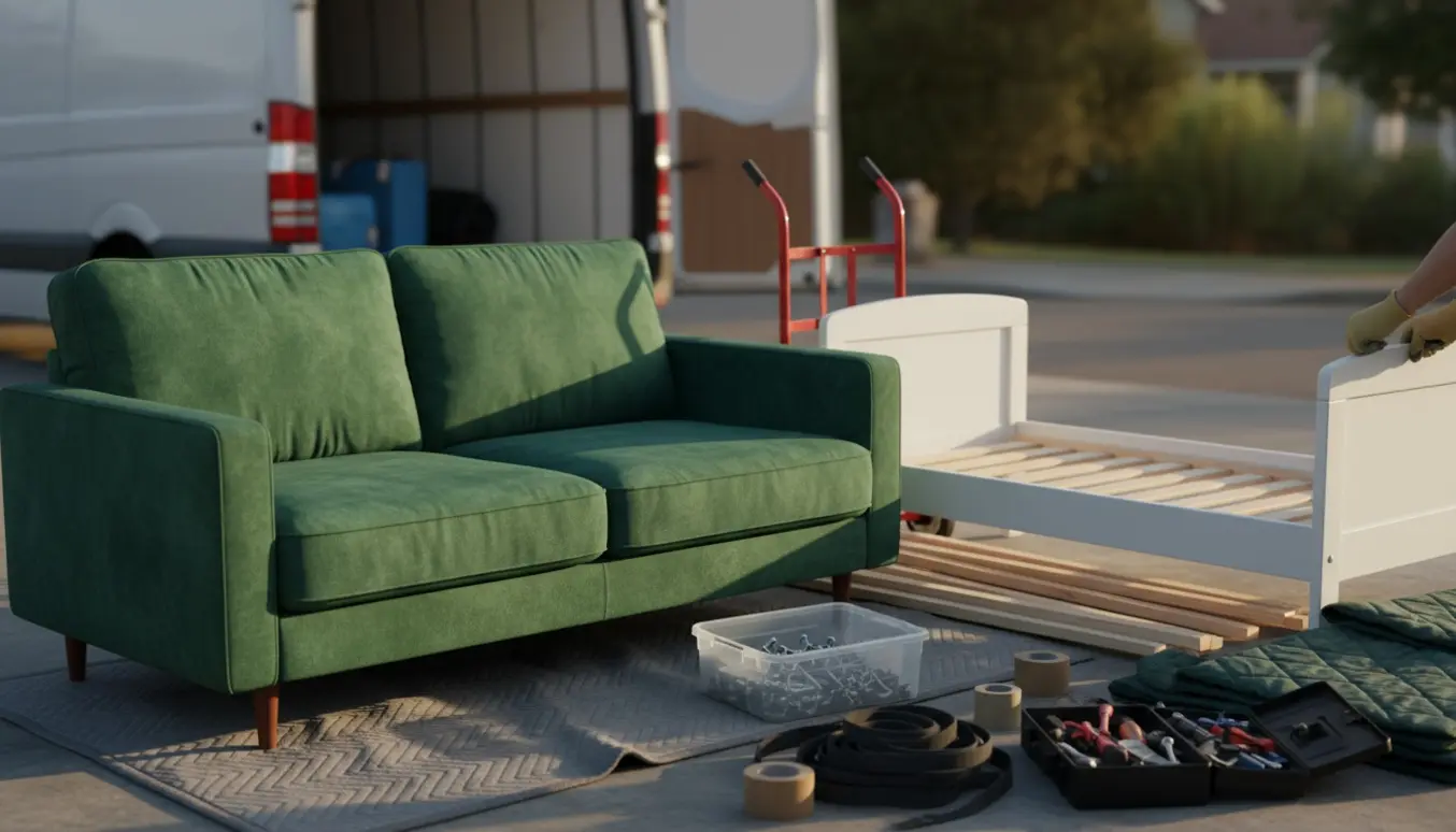 2½-personers plyssofa og delvist adskilt børneseng klar til bortskaffelse på indkørsel.