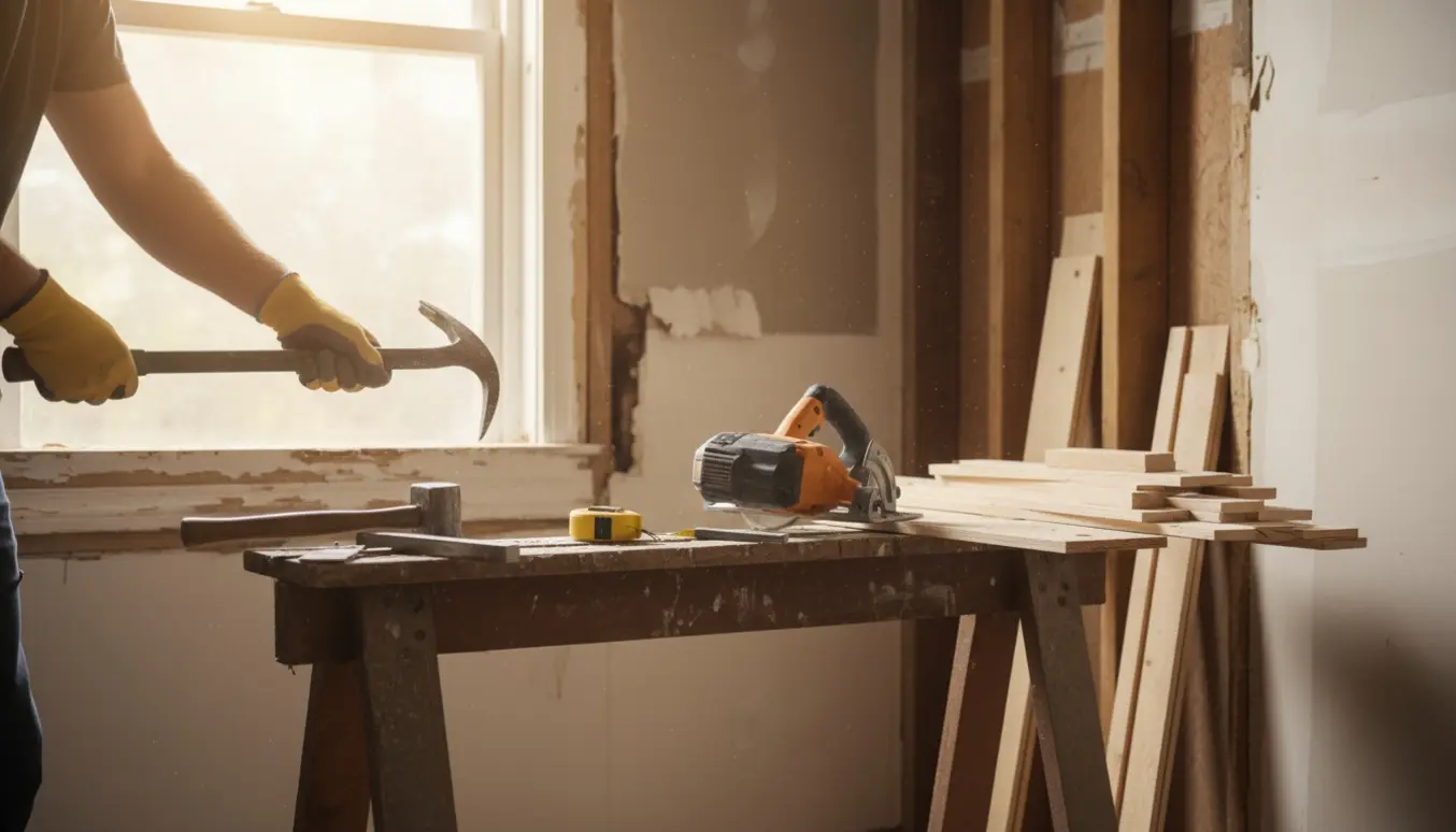 Tømrer fjerner forkantliste med koben i et soloplyst rum med værktøj og stabler af træ.