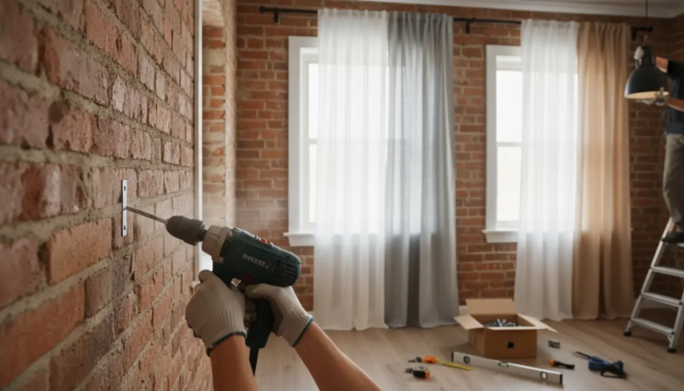 Opsætning af gardiner i en indvendig murstensvæg med værktøj og montering af en lampe, ingen ansigter synlige.