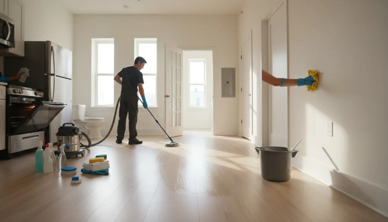 Flytterengøring i en lys tom lejlighed med rengøringsredskaber ved gulv, ovn, køleskab og badeværelse.