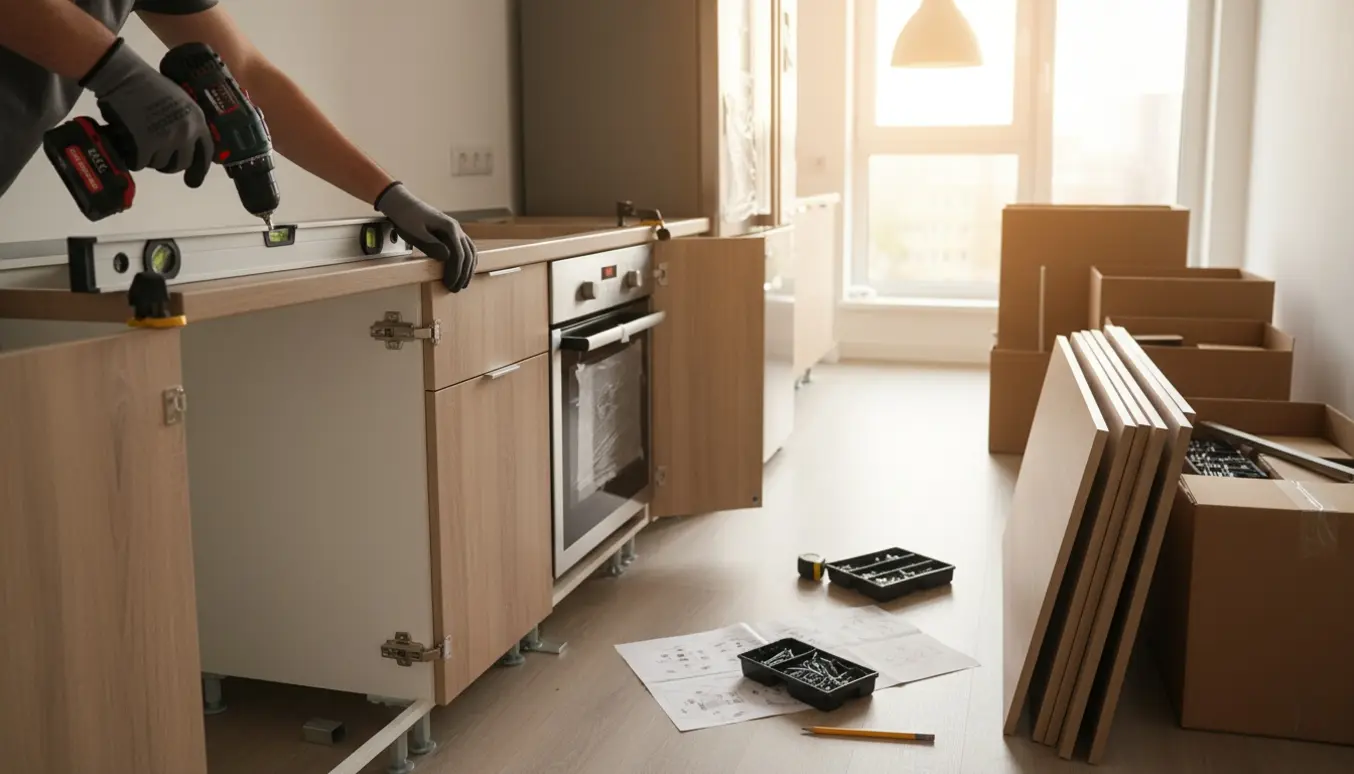 Hænder monterer et nyt Ikea-køkken med skabe, værktøj og hvidevarer.
