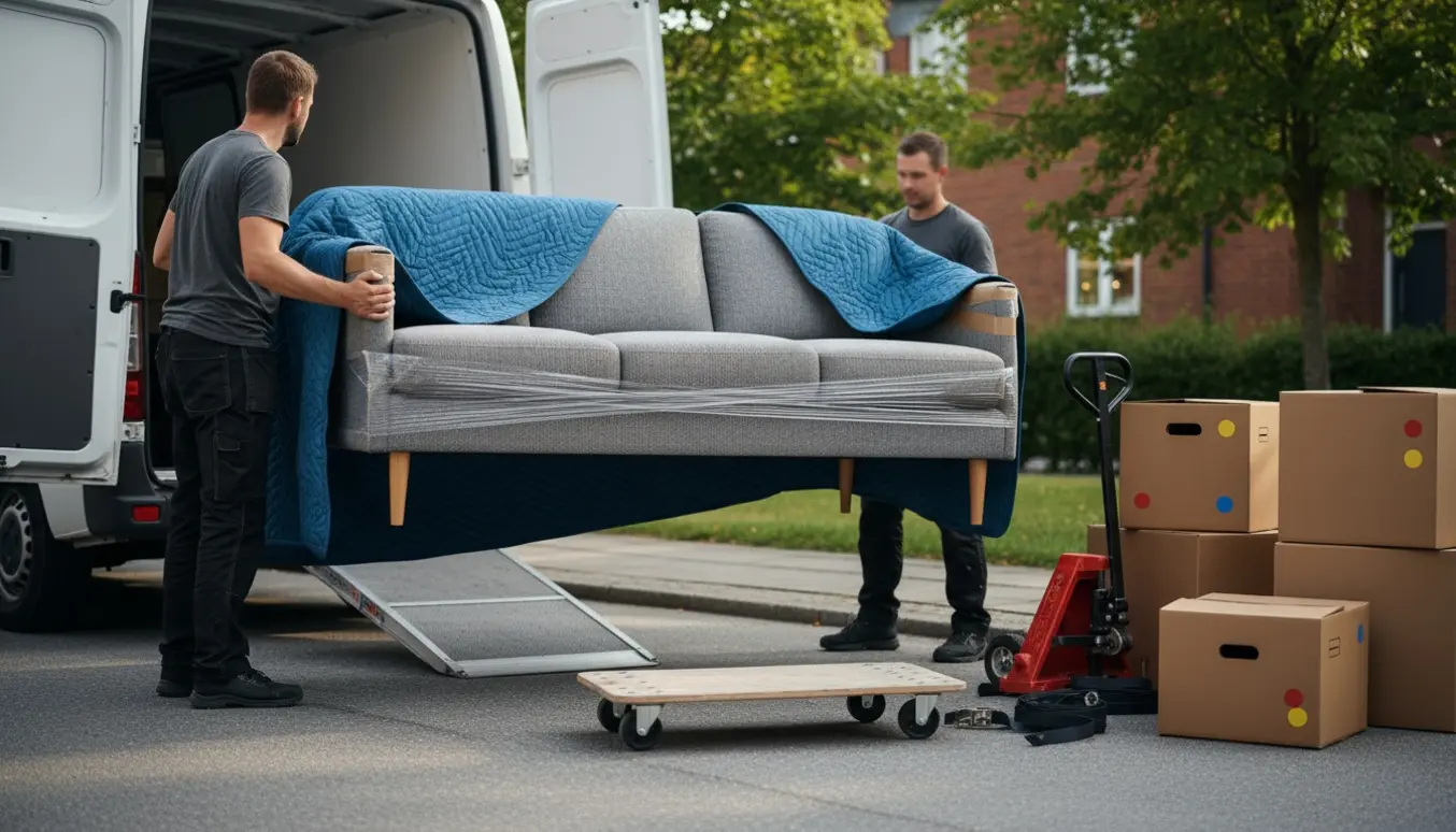 To personer læsser en trepersoners sofa ind i en flyttebil på en stille dansk villavej.