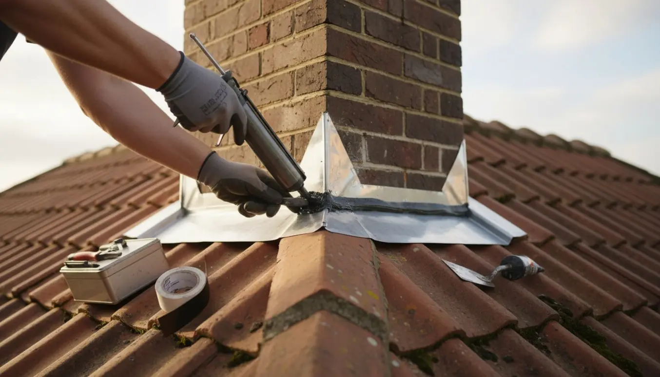 Hænder i handsker fugebåndsfuger og glatter tætningsmasse ved en murstensskorsten på et tag.