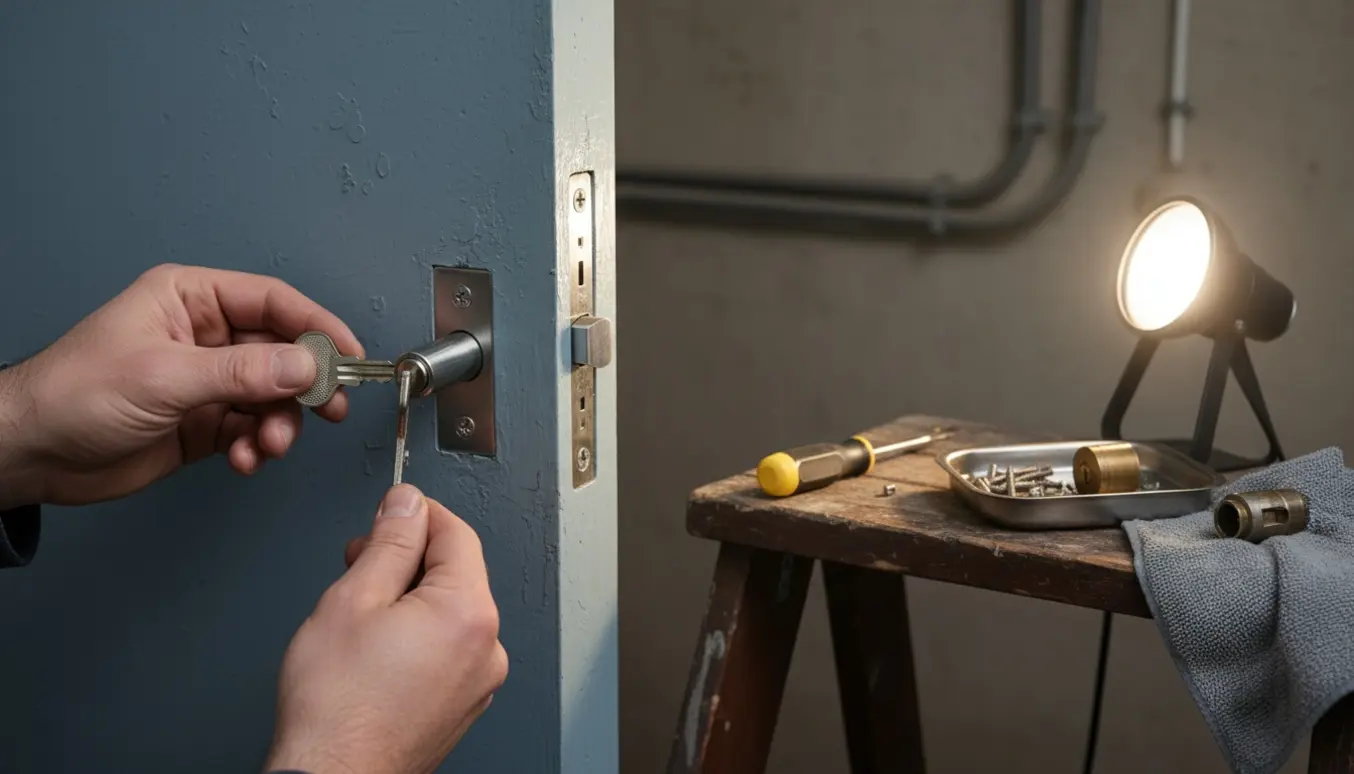 Hænder skifter låsecylinder i en kælderdør og tester den med den eksisterende hoveddørsnøgle.