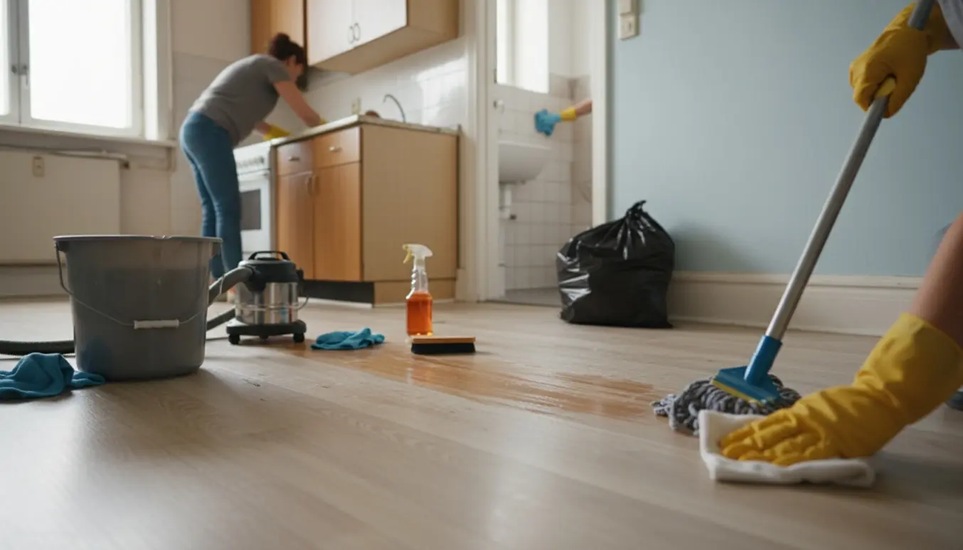 Udflytningsrengøring i en slidt etværelseslejlighed med handske, moppe og klud.