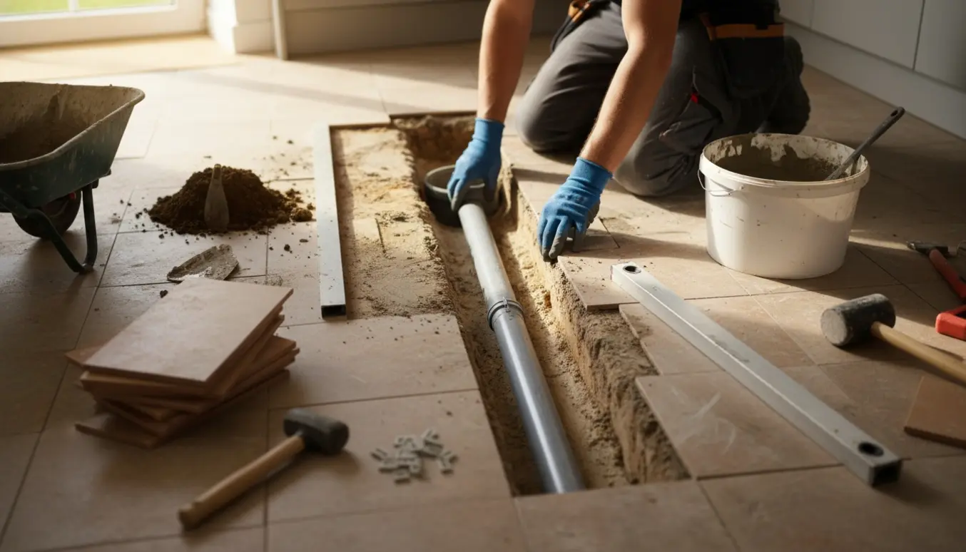 Køkkengulv med udgravet grøft og nyt afløbsrør klar til tilslutning og efterfølgende fliseopretning.