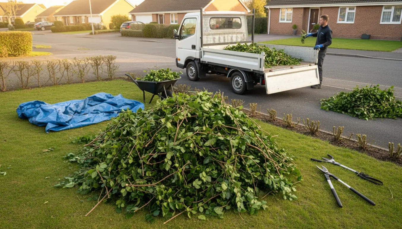 Tipperlastbil ved en indkørsel ved siden af en stor bunke nyslået bøgehæk klar til bortkørsel.