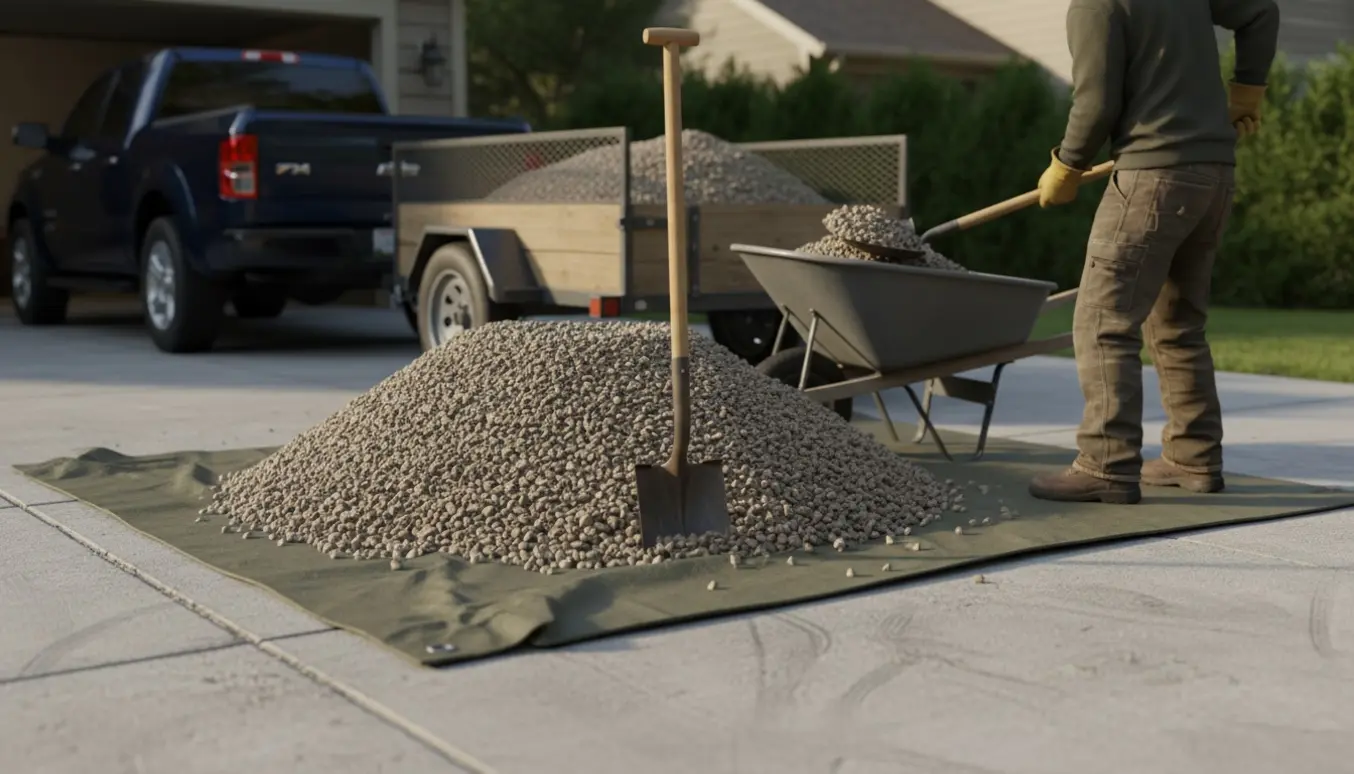 Bunke grus ved indkørsel med skovl og trillebør klar til bortkørsel, arbejdstager set bagfra.