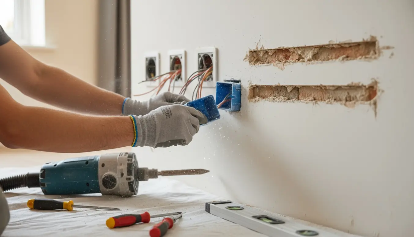 Elektriker monterer og indfræser stikkontakter i en væg med værktøj og ledninger.