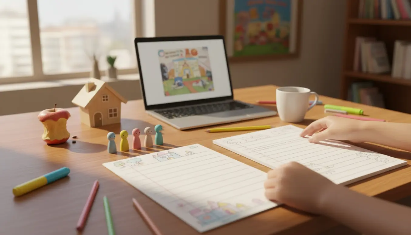 Hænder lægger to børnevenlige udkast til Snehvide-historier frem på et soloplyst skrivebord med farveblyanter og et rødt æble.