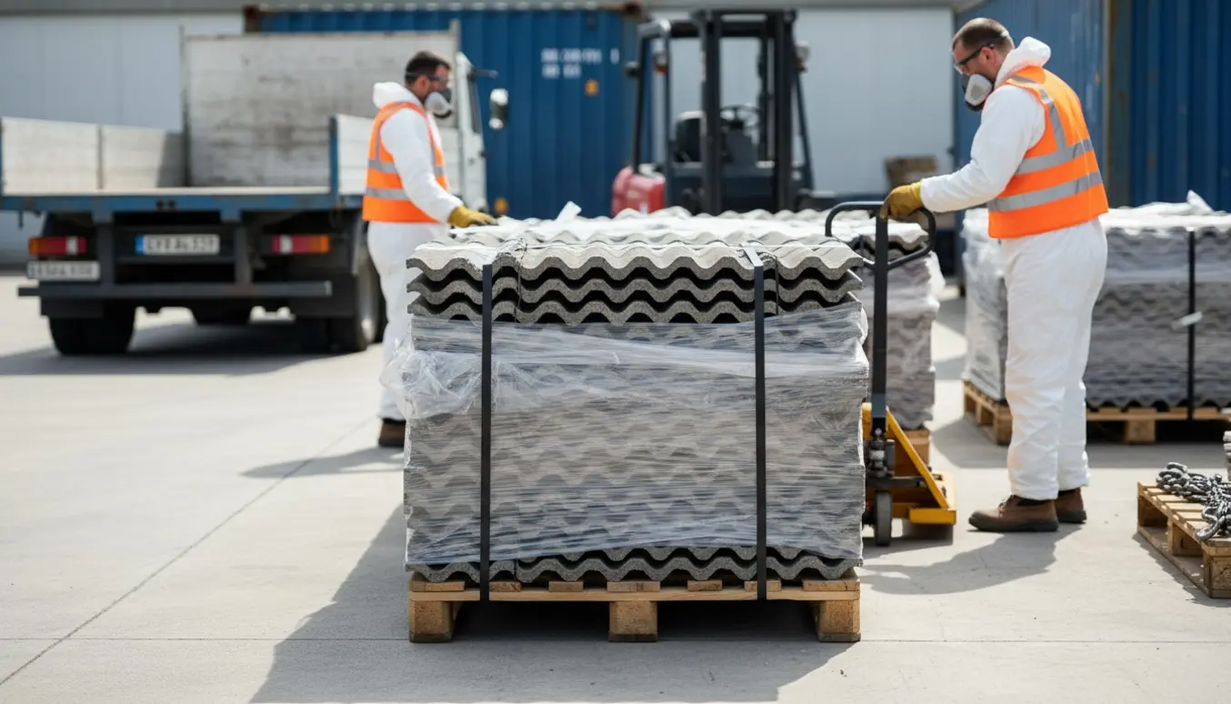 Paller med indpakkede B6 eternit-asbestplader klar til afhentning ved en rampe.