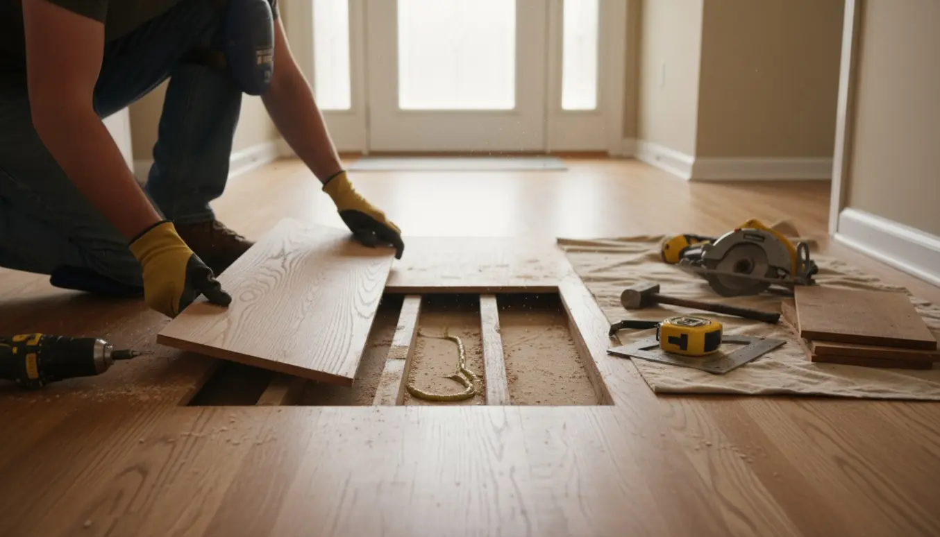 Indgang hvor en del af trægulvet er fjernet, og nye brædder bliver lagt med værktøj ved siden af.